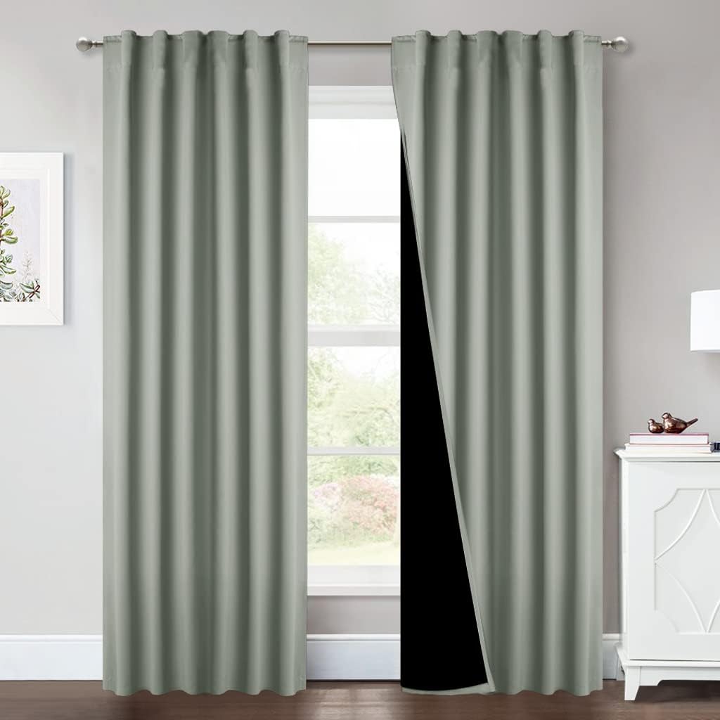 NICETOWN Greyish Green 100% Blackout Window Curtain Panels, Cold and Full Light Blocking Drapes with Black Liner for Nursery, 84 Inches Drop Thermal Insulated Draperies