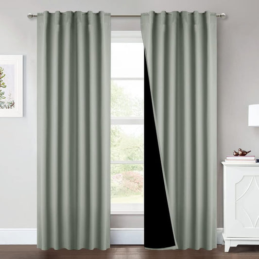 NICETOWN Greyish Green 100% Blackout Window Curtain Panels, Cold and Full Light Blocking Drapes with Black Liner for Nursery, 84 Inches Drop Thermal Insulated Draperies